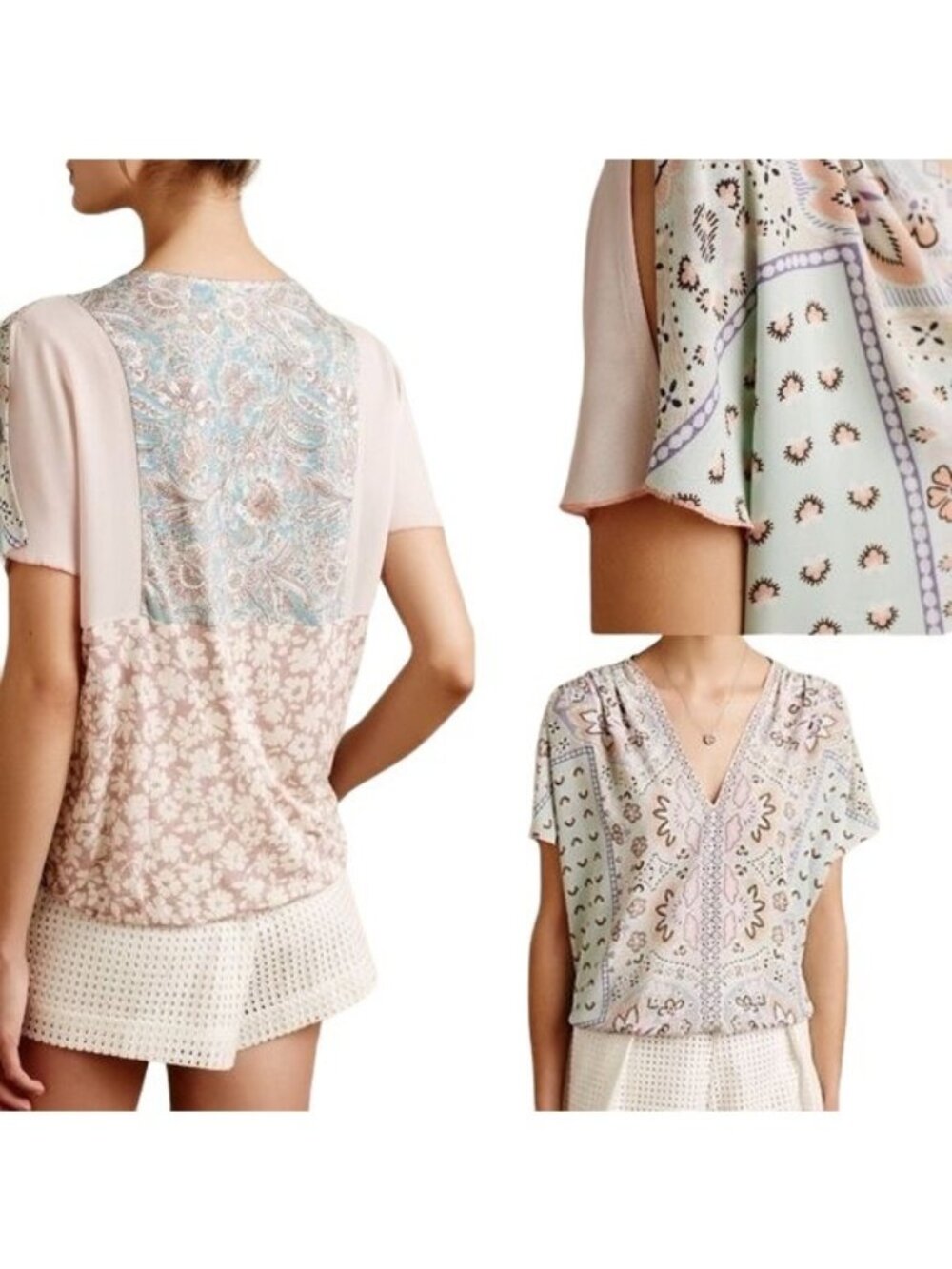Anthropologie One September Pastel Boho Floral Split Sleeve Blouse Size XSmall